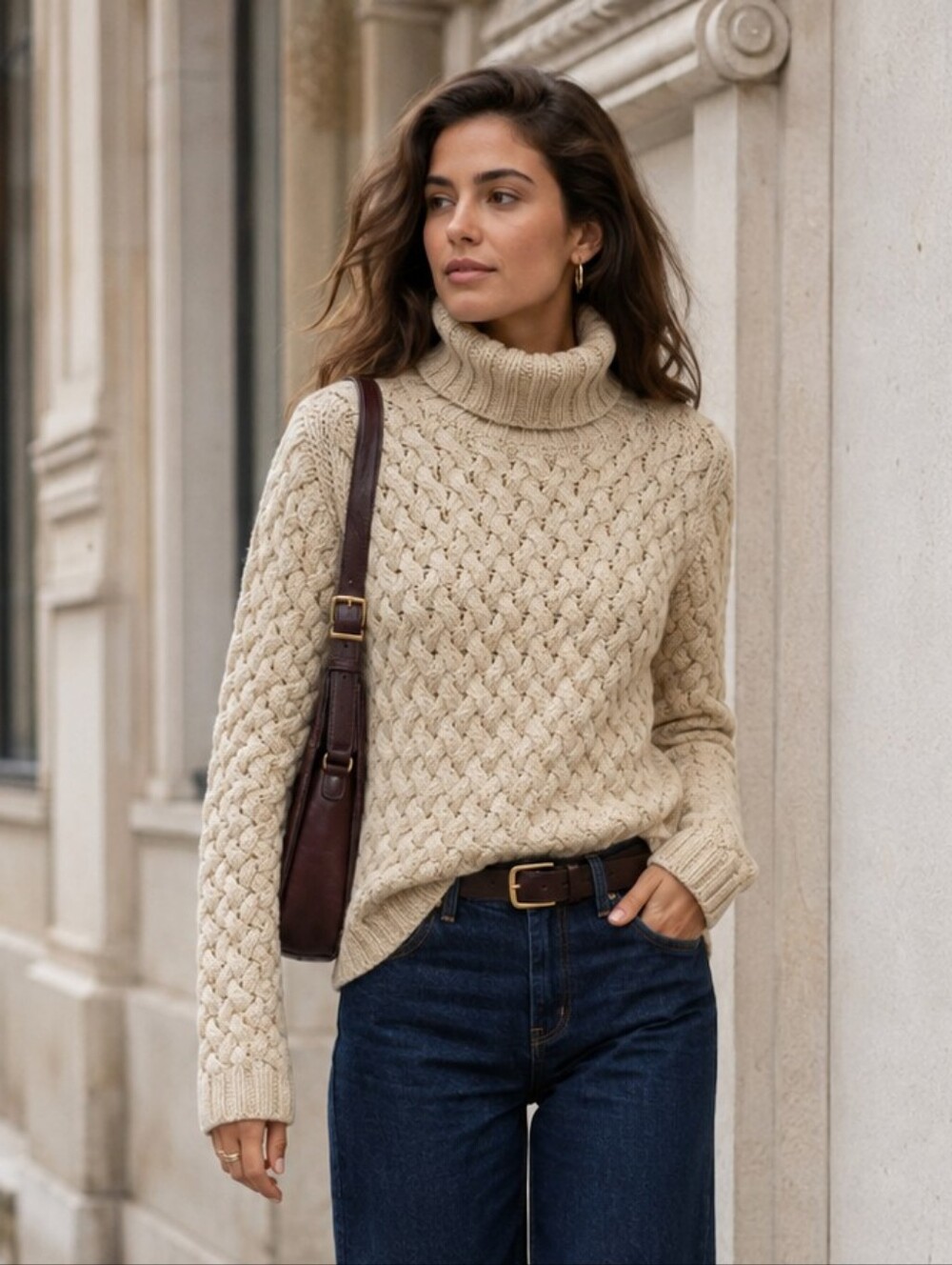 Club Monaco Handknit 100% Wool Cable Knit Turtleneck Sweater S
